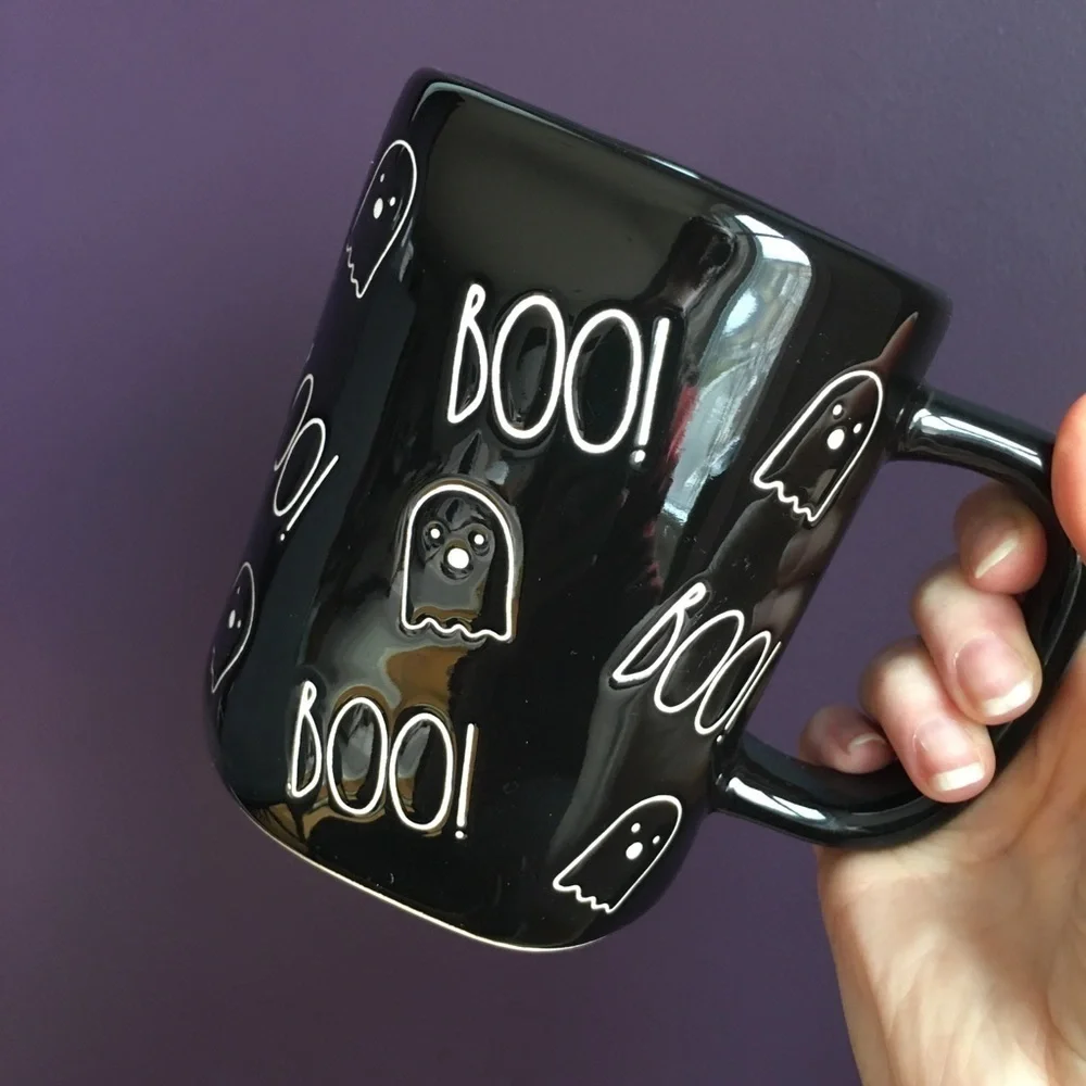 Rae Dunn Ghost and BOO! Coffee Mug, Black, White, 16 oz